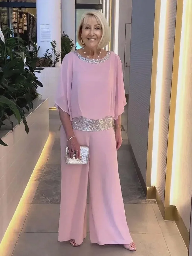 

Summer Fashion New Elegant Women's Chiffon Set Round Neck Sequin Colored Bat Shirt Wide Leg Pants Set Fashion Two Piece Set