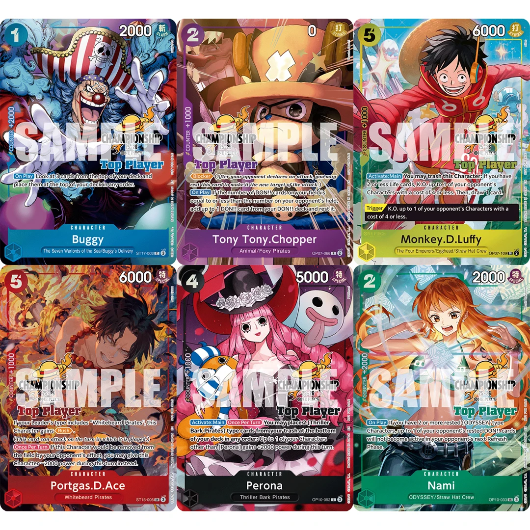 

Коллекционные карты One Piece Card Game: Monkey.D.Luffy, Nami, Perona, Portgas.D.Ace, Buggy, Chopper. OPCG CS 25–26. Топ-игрок.