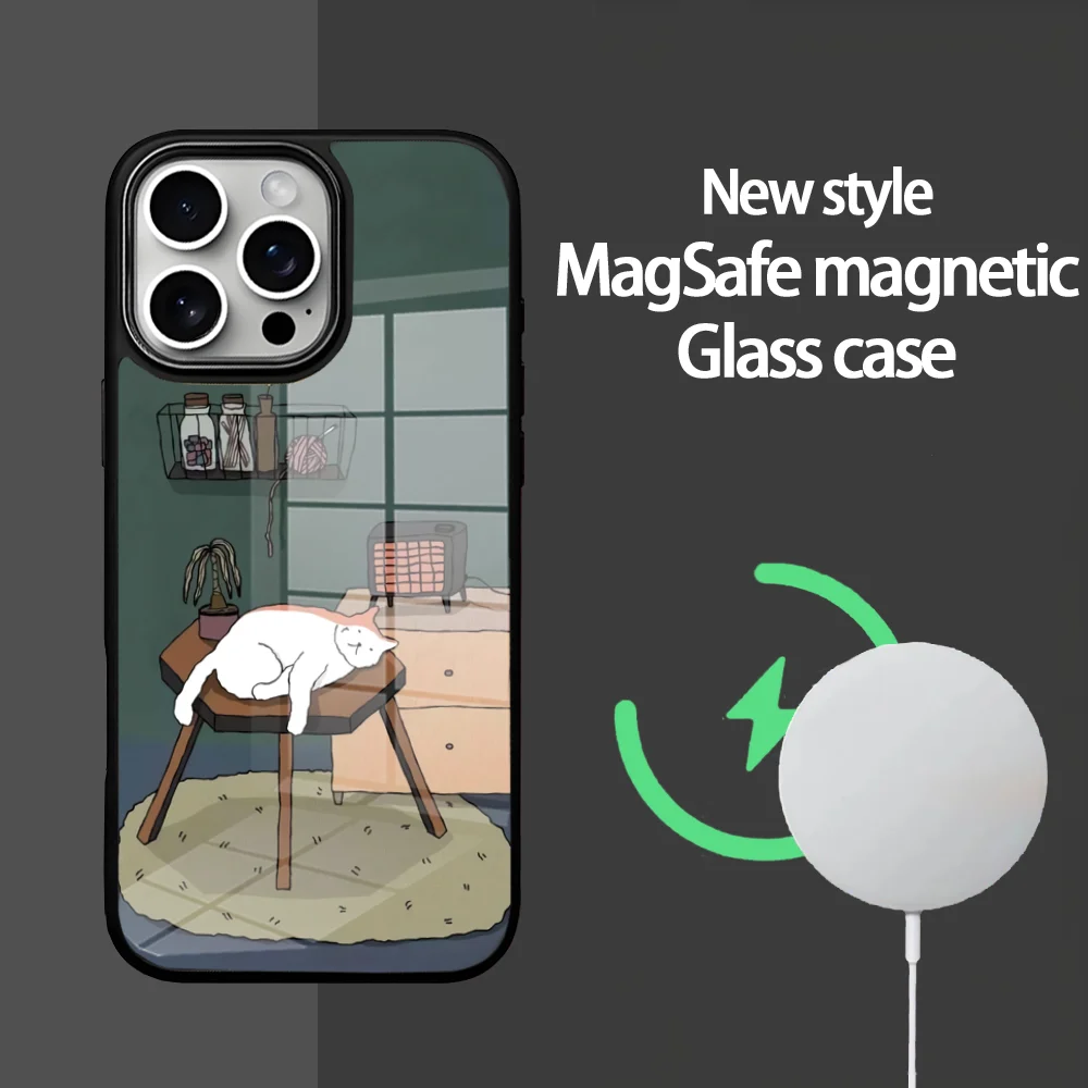 

Cartoon Sleeping Cat Phone Case For IPhone 16 15 14 13 12 11 Pro Max Plus Mini Magsafe Mirror Wireless Magnetic Cover