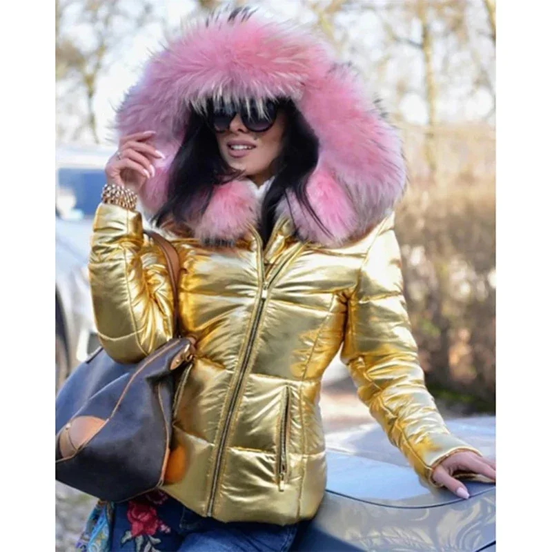 Women\'s Winter Warm Quilting Thickened Snow Coat Short Solid Color Hooded Fur Collar Fashion Cotton-padded Jacket Waterproof