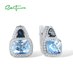 SANTUZZA Pure 925 Sterling Silver Geometric Earrings For Women Sparkling Blue Stone White Cubic Zircon Gorgeous Fine Jewelry
