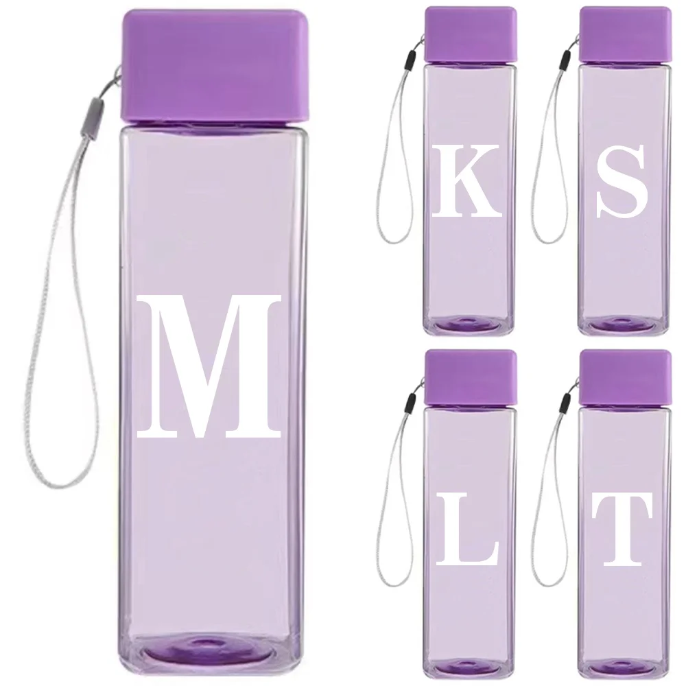 

Square Plastic Water Bottle 500ML Transparent Purple Travel Cup With Lanyard Reusable Drinking Tumbler White Pattern