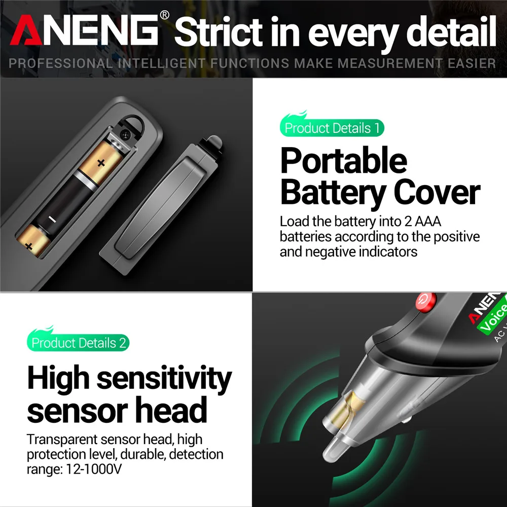 

ANENG VC1019 Red Laser Voice Broadcast Function Tester Pen Electric12~1000V AC Voltage Smart Portable Mini Wire Detector Tools