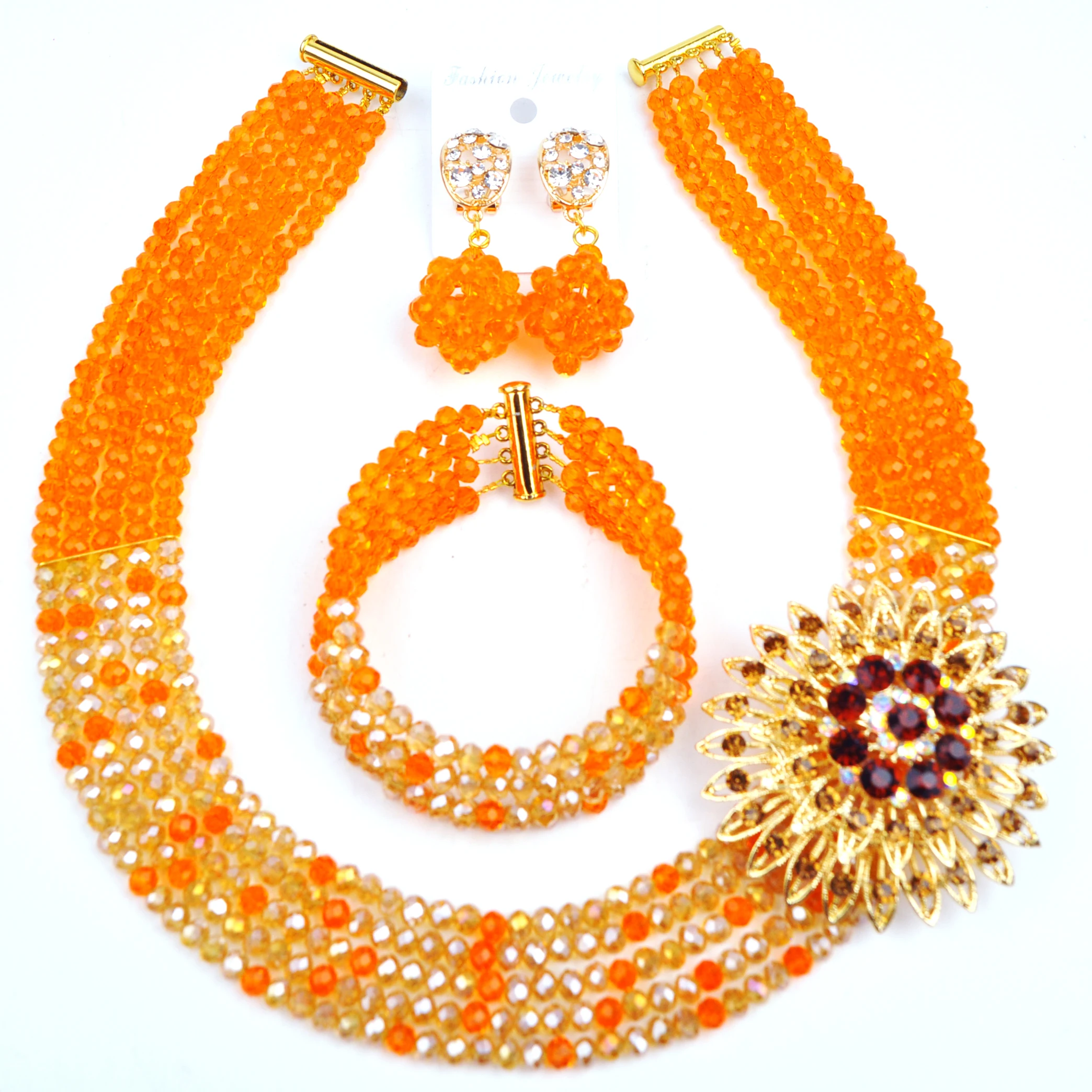 Orange and Champagne Gold Crystal Bead African Bridal Jewelry Sets