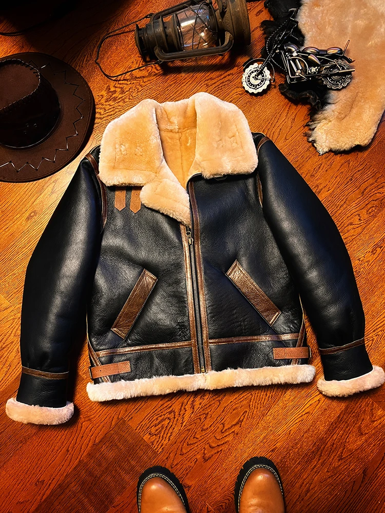 

Top quality .Classic Air Force B3 fur jacket.Men luxury Thick Wool warm shearling coat.real natural fur leather cloth