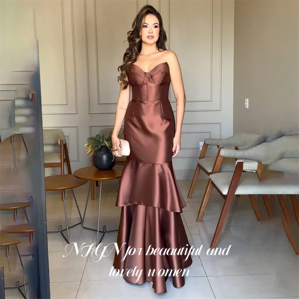 NFYN Brown Satin Prom Dresses Strapless Sleeveless Mermaid Evening Dresses Layered Party Dress Robe De Soirée Customized