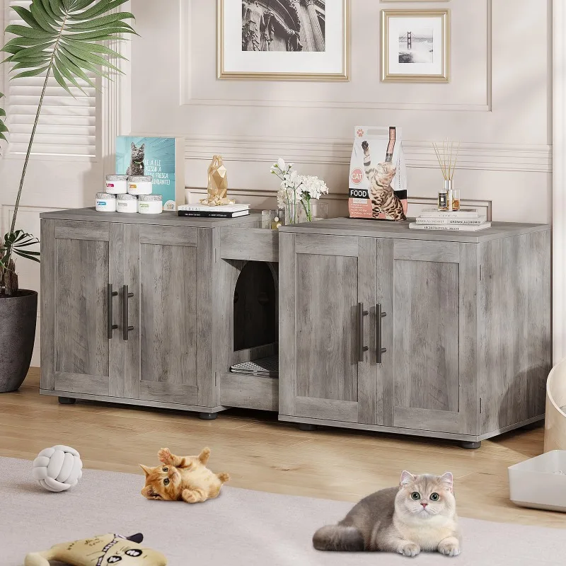 Double cat litter box hidden type, wooden cat litter box cabinet