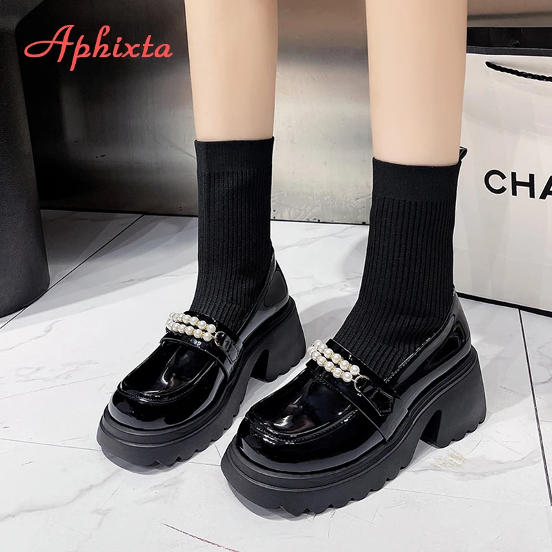 Aphixta Schwarz 6,5 cm High Heels Moderne Stiefel Perle Design Plattform Stiefeletten Frauen Socke Boot Süße Student botas mujer botines