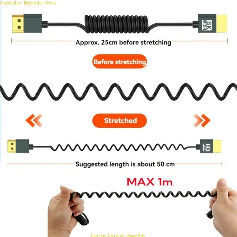 8K HDTV Coiled Cable HDTV to HDTV Coiled Cable for Dynamic Home Theater Gaming Setups, 48Gbps Transfer Rate