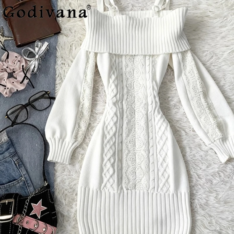 

Original French Off Shoulder White Sweater Dress Women's Retro Design Slim Fit Knitted Dress Female Japanese Bodycon Dress