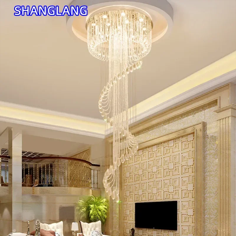 Modern Double Spiral Staircase Lustre Crystal Ceiling Chandelier Loft Restaurant Hotel Hall Long Illumination Lights