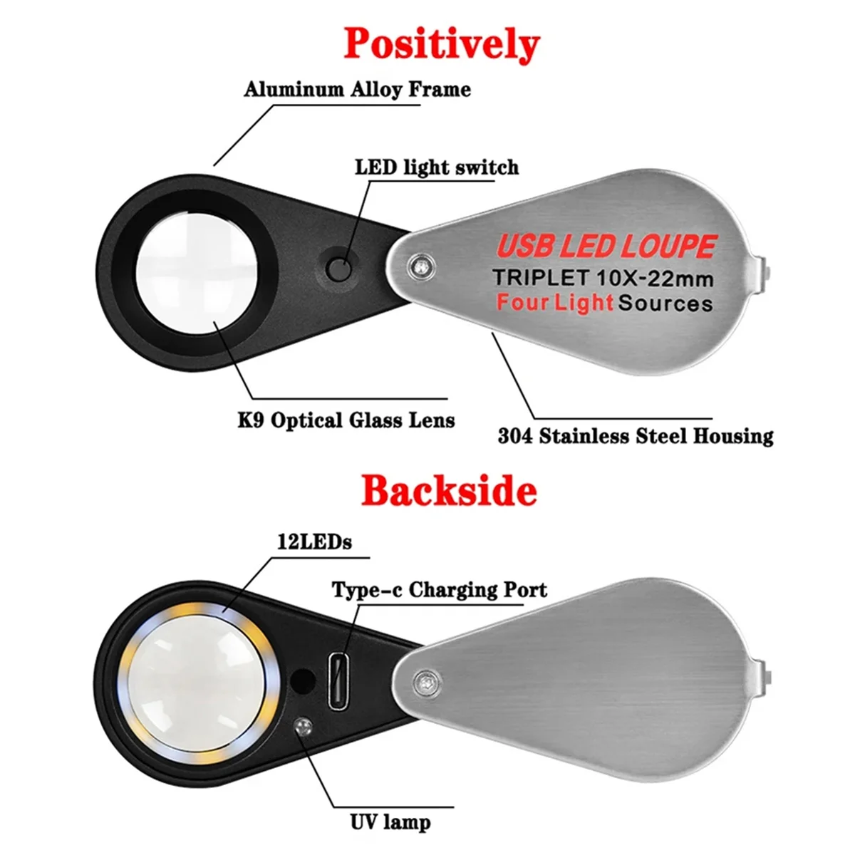

AA98 30X Rechargeable Four-Colour Light Source 13LED Magnifier Diamond Jeweler Loupe Necklace GEM UV Lamp Pocket Lupa