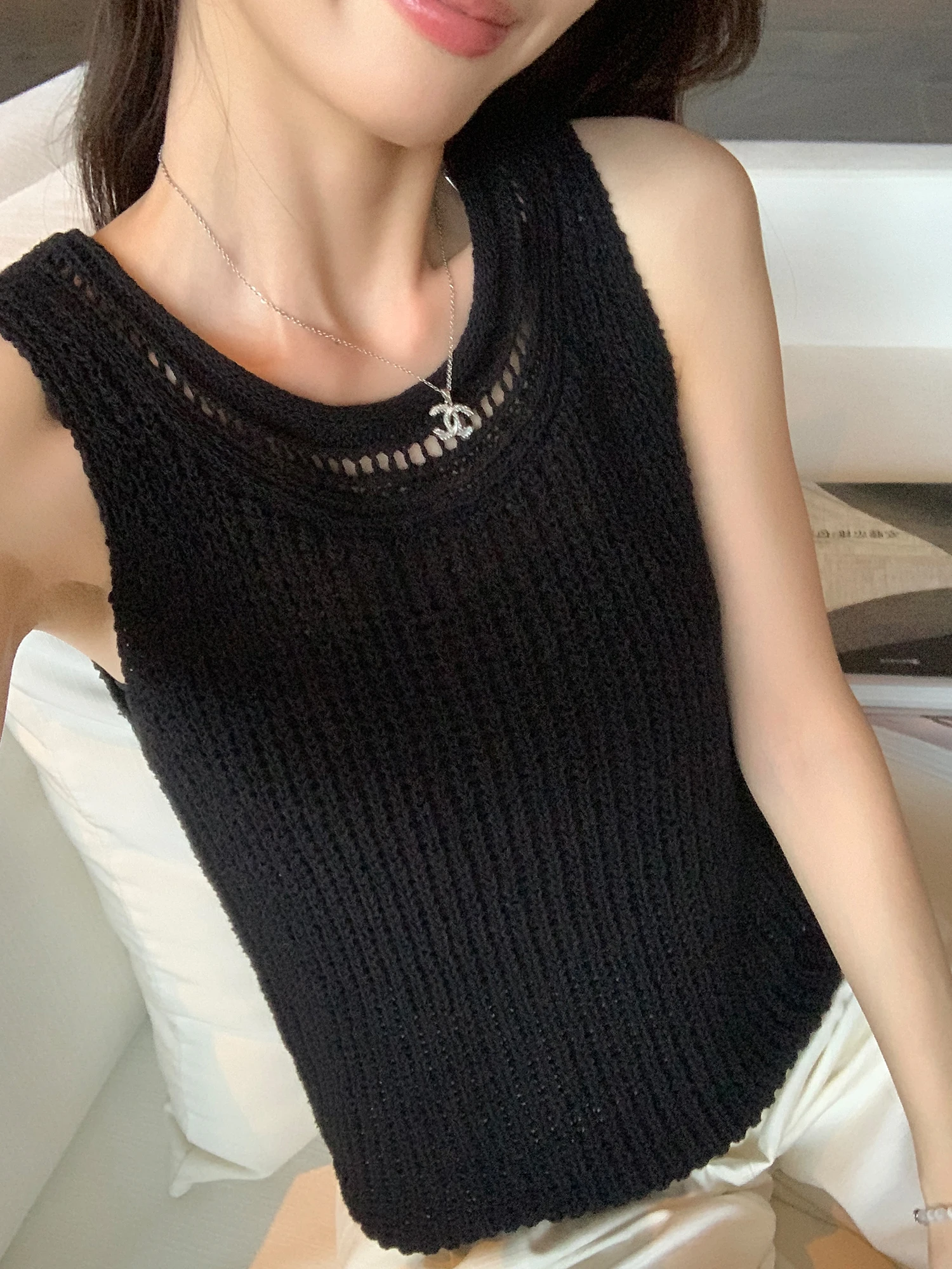 Pusumede Vintage Atmosphere Hollow Linen Knitted Strap Vest Women's Sleeveless Top Casual Loose Fit Outerwear Pure Color