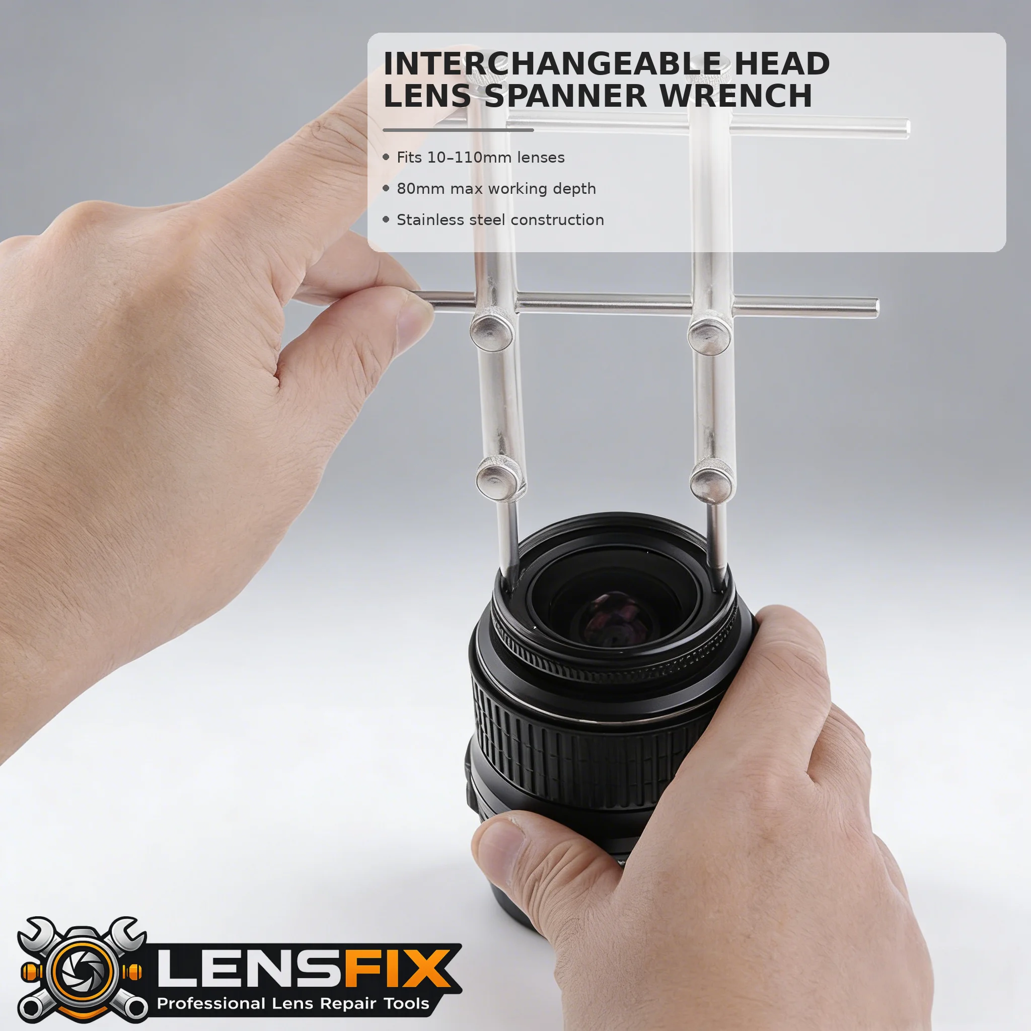 Stainless Steel Interchangeable Head Lens Spanner Wrench, 10-110mm Camera Lens Repair Tool, 80mm Deep Reach Kit