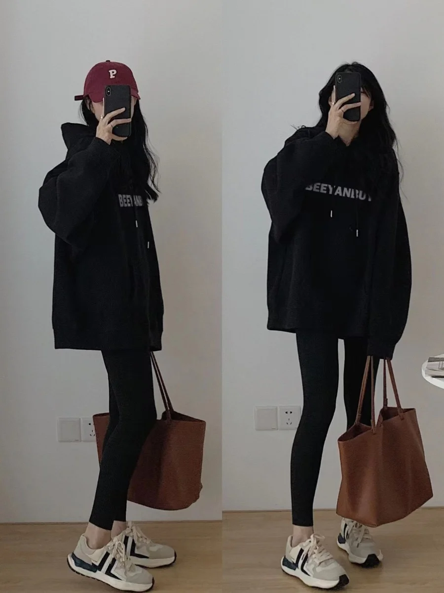 

Black Hoodie Women's Spring Autumn Winter Mid-Length Butt Covering Shark Pants Matching Jacket Korean Style Commute Wind