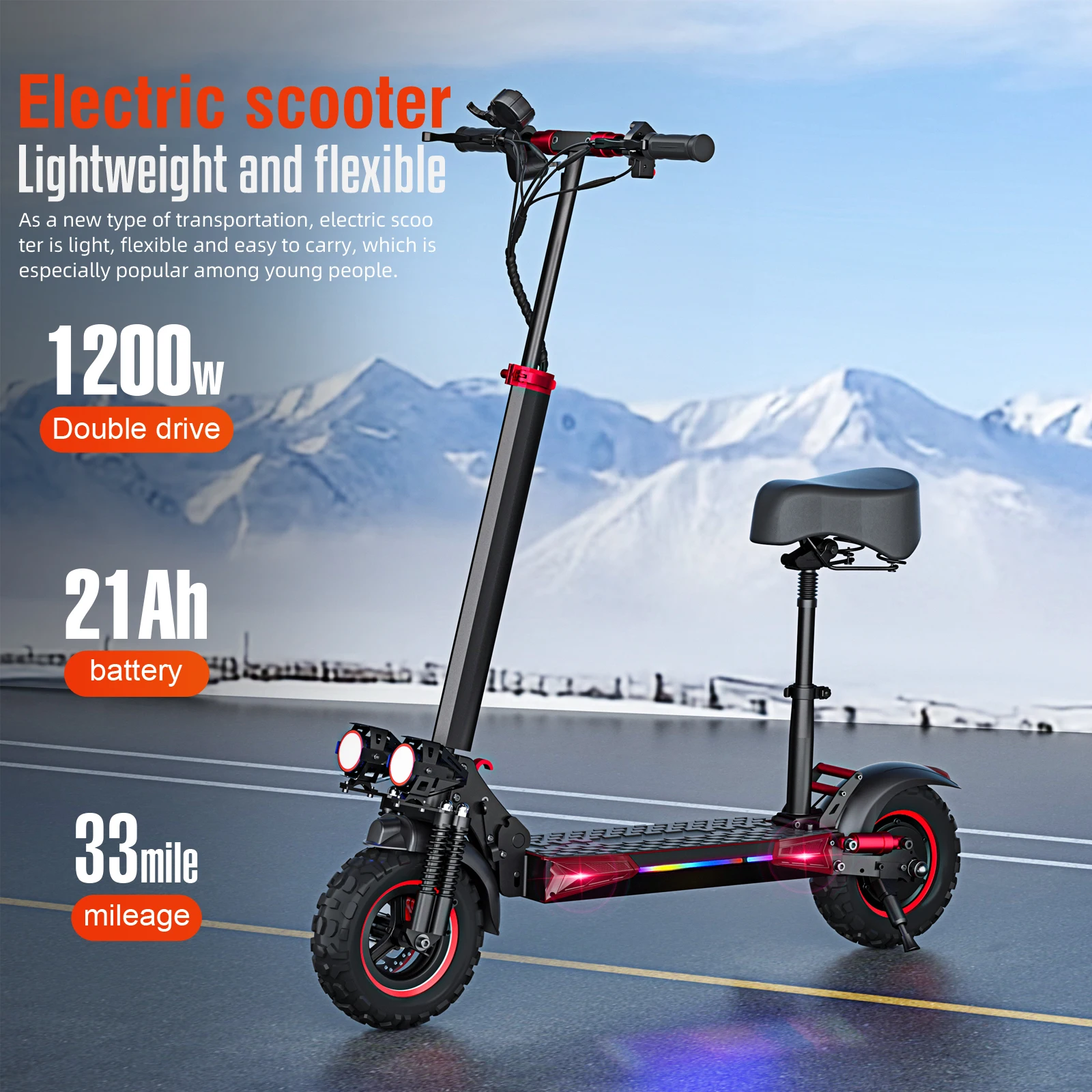 

11" Electric Scooter Up to 33 Miles Range, 1200W Motor & 34 MPH Portable Folding Electric Scooter for Adults with Double Braking