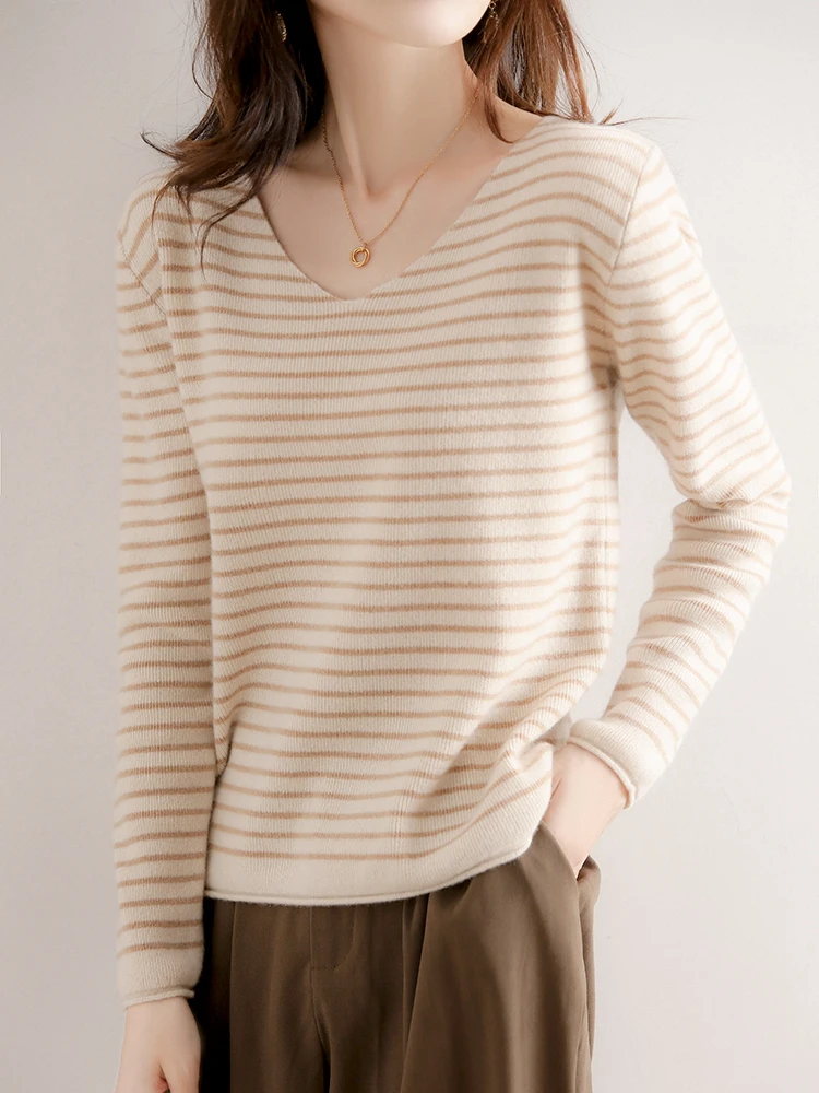 CAIXINGLE New Striped V-neck Sweater Women\'s All-Match Loose Sweater Fall Winter Fashion Bottoming Shirt Inner Wear Blouse