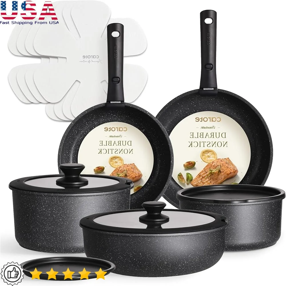 

15pcs Non Stick Cookware Set Detachable Handle Pots Pans Kitchen Space Saving Easy Cleanup Oven Dishwasher Safe Granite