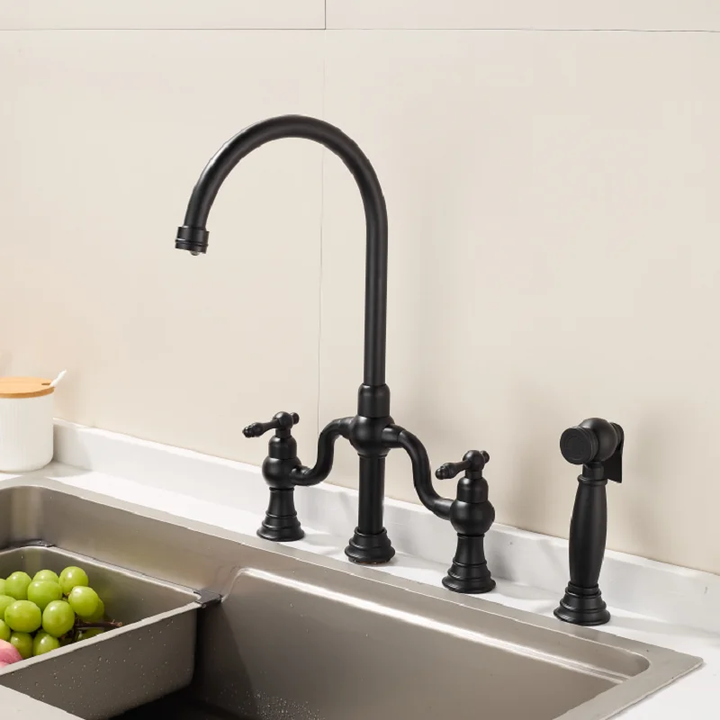 Bathroom Basin Faucet 4-Piece Set with Spray Gun Faucet, Deck Installation with Dual Handle Hot and Cold Water Mixer