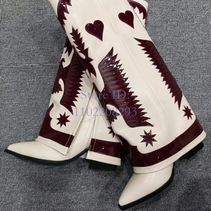 Patchwork Color Print Sewing Knee High Boots Pointed Toe PU Chunky Heel Western Boots Autumn Women Slip-on Fashion Showers 2024