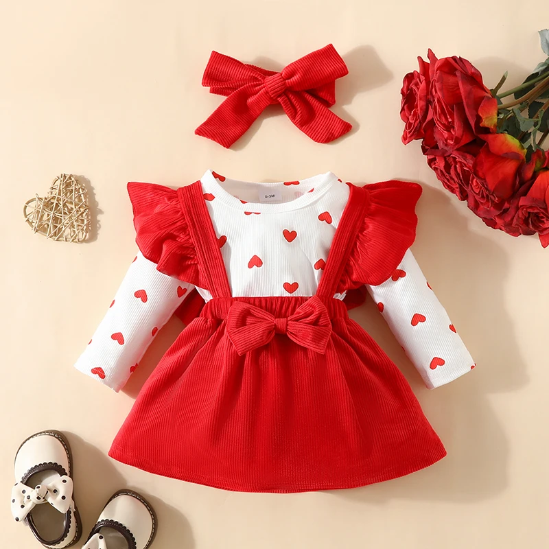 0-18M Newborn Baby Girl Valentine\'s Day Clothes Heart Print Long Sleeve Romper with Suspender Skirt and Bow Headband Outfit