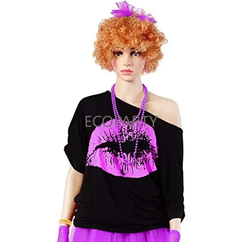 New 80s Women's Lip Print T-shirt Lace Headband Earring Necklace Bracelet Five-piece Set 80s Theme Retro Women Costume Set Adult