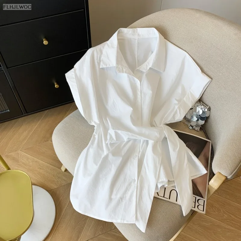 Cotton White Shirts Lace-Up Peplum Tops Cute Sweet Japan Girls Retro V Neck Short Sleeve Slim Waist Chic Y2K Design Blouses