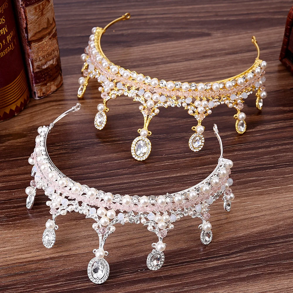 

New Korean Princess Pink Handmade String Pearl Crown Headband Wedding Bridal Jewelry Headgear Accessories
