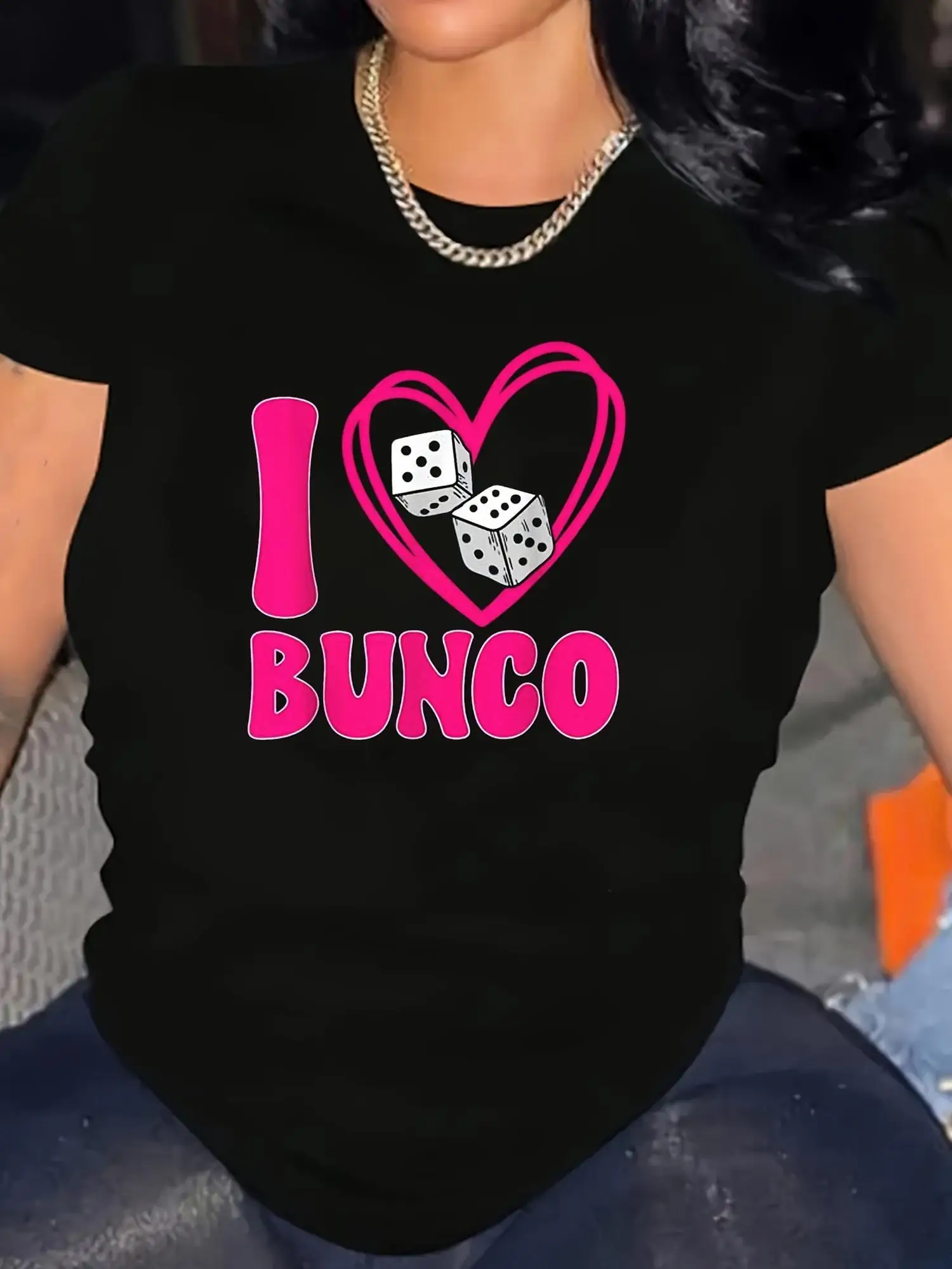 

Game Night Women'S "I Love Bunco" Graphic T-Shirt - Black Casual Short Sleeve Round Neck Fun Dice and Heart Design