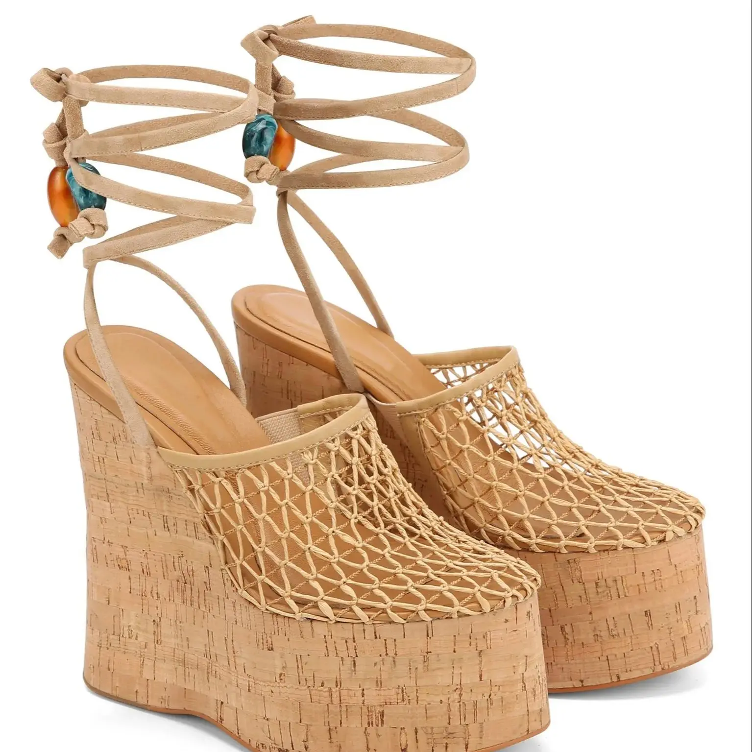 

Cross-Strap Round Toe Grain Platform Summer Women Sandals Wedege Super High Heels Lace Up Design Large Size Romen Shoes