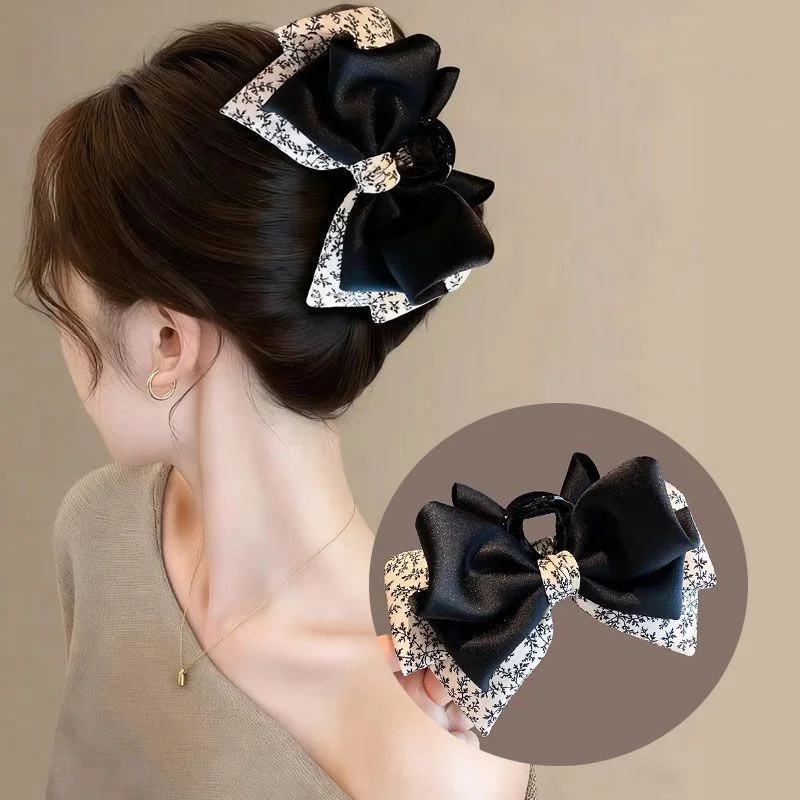 

Women Hair Claw Floral Pattern Grab Clip French Retro Bow Shark Caught Daily Ponytail Clip Satin Patchwork Girl Hair Accessories