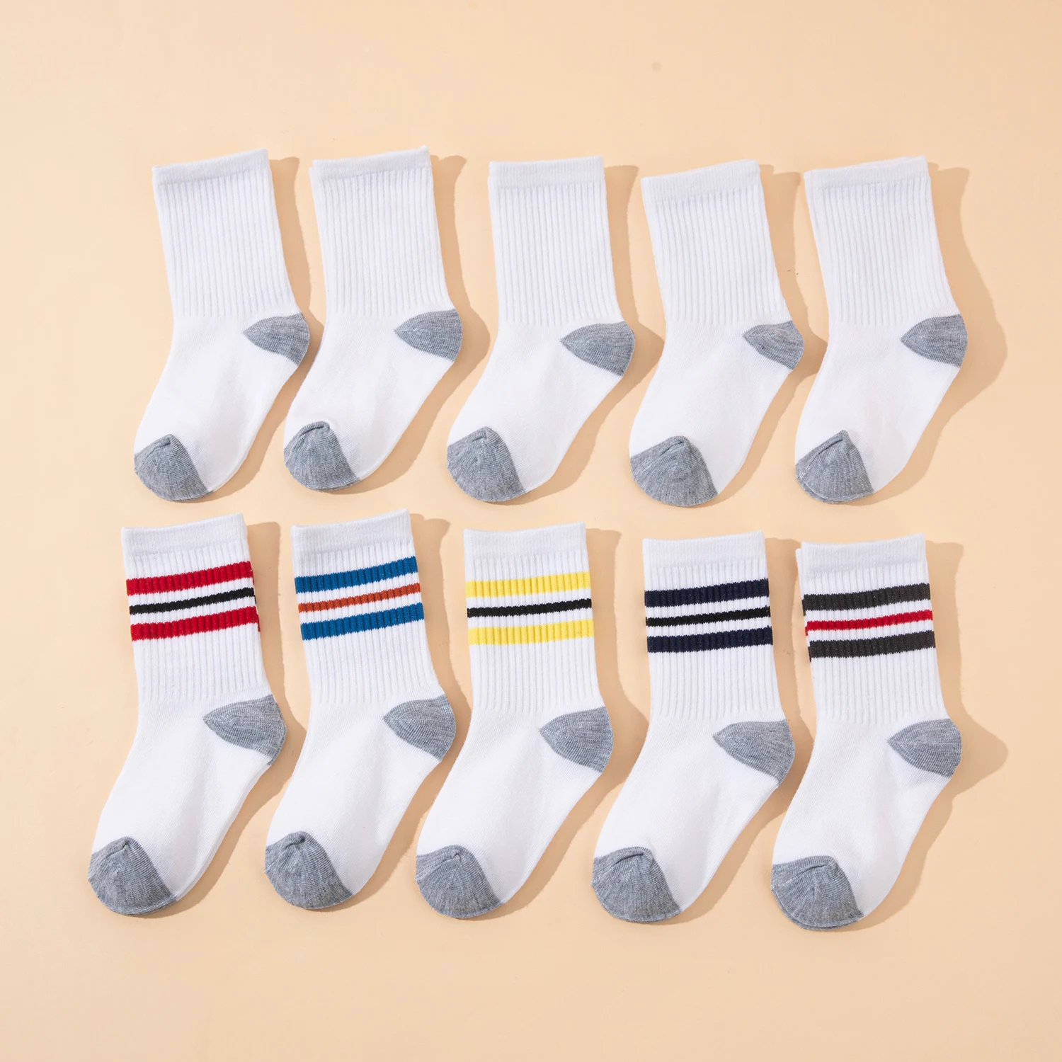 10 Pares de Calcetines Deportivos para Niños, Diseño Clásico a Rayas y con Bloques de Color, Ideales para Estudiantes para Regresar a la Escuela