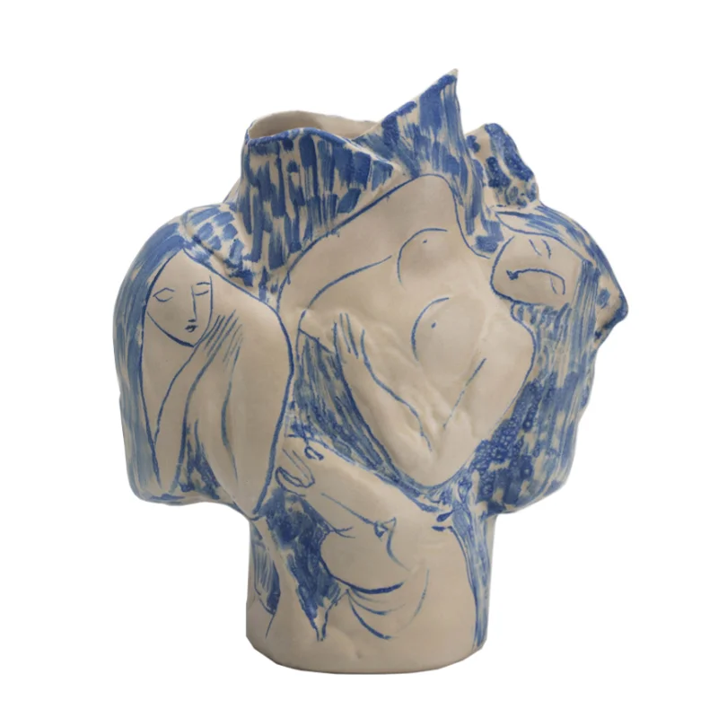 Hand-made Ceramic Vase Irregular Abstract Hand Drawing Art Vase Ceramic Handicraft Home Decoration Accessories Terrarium