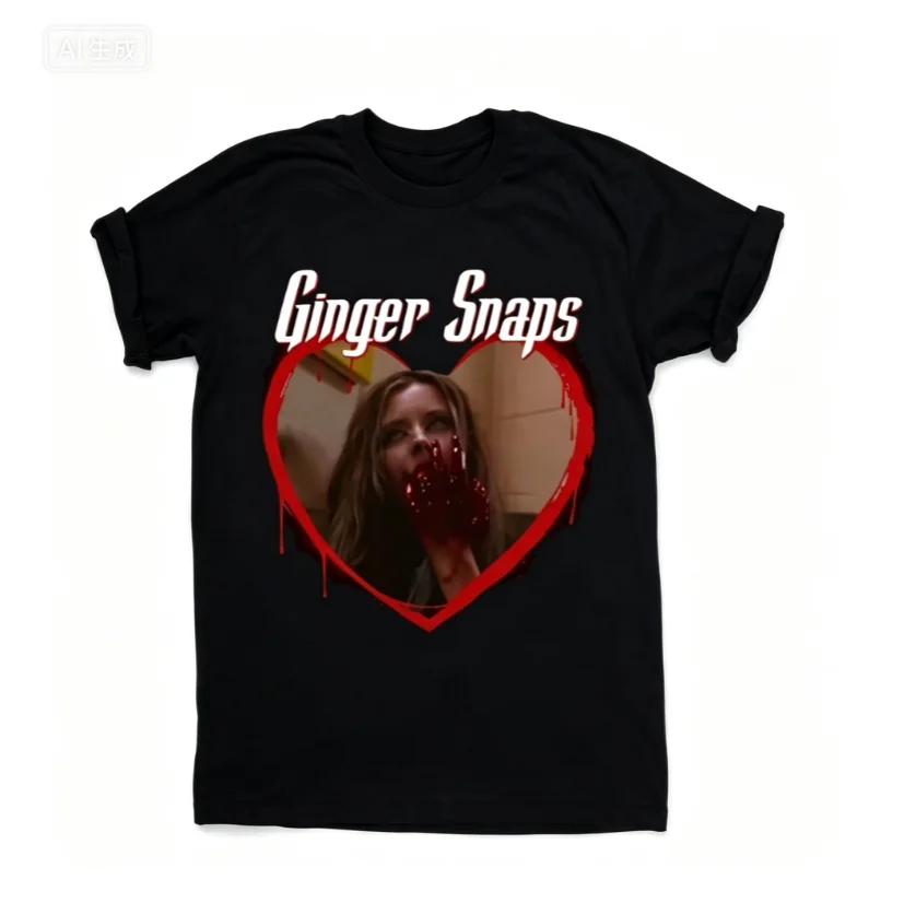 2026 new Neutral style black loose cotton T-shirt, white-style handwritten patterned portrait horror-themed T-shirt