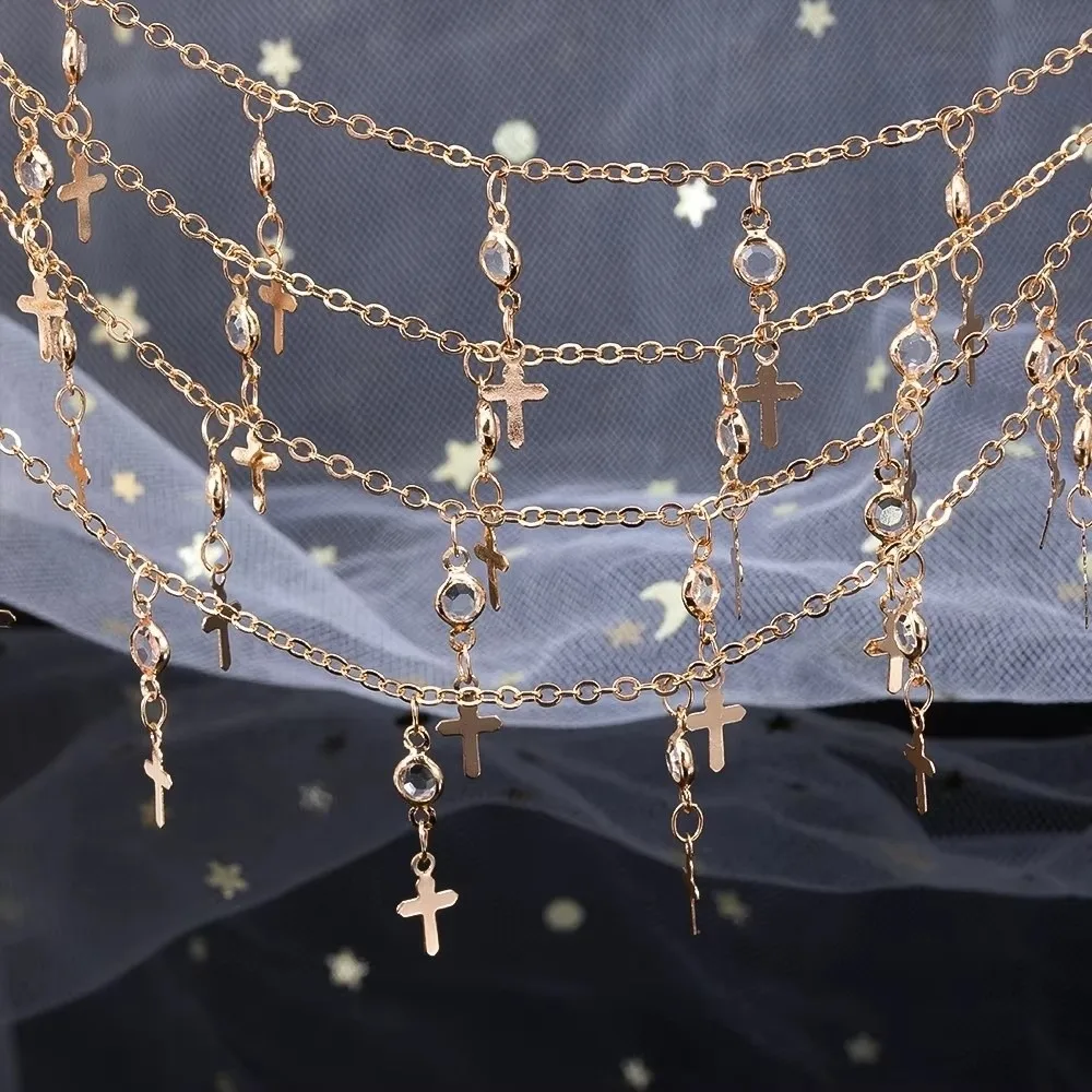 1 Meter Length Crystal Beaded Chain Cross Charm Tassel Rhinestones Design Charm Link Chain Metal Jewelry Making Chain view 3