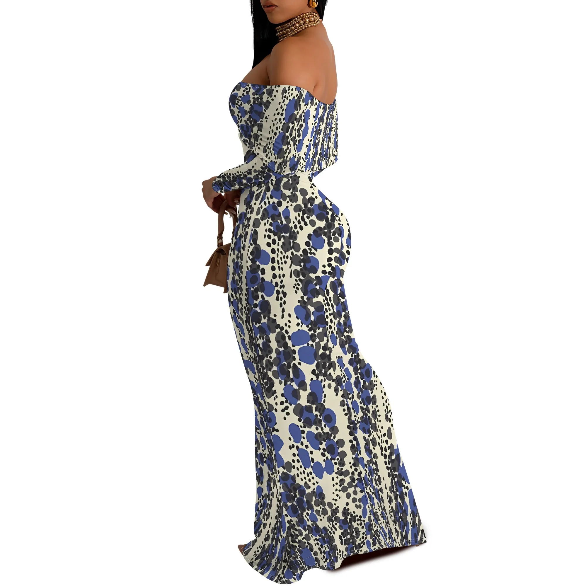 ผู้หญิงเสือดาวลายดอกไม้ปิดไหล่ Maxi Dress แขนยาว Teal Party Evening