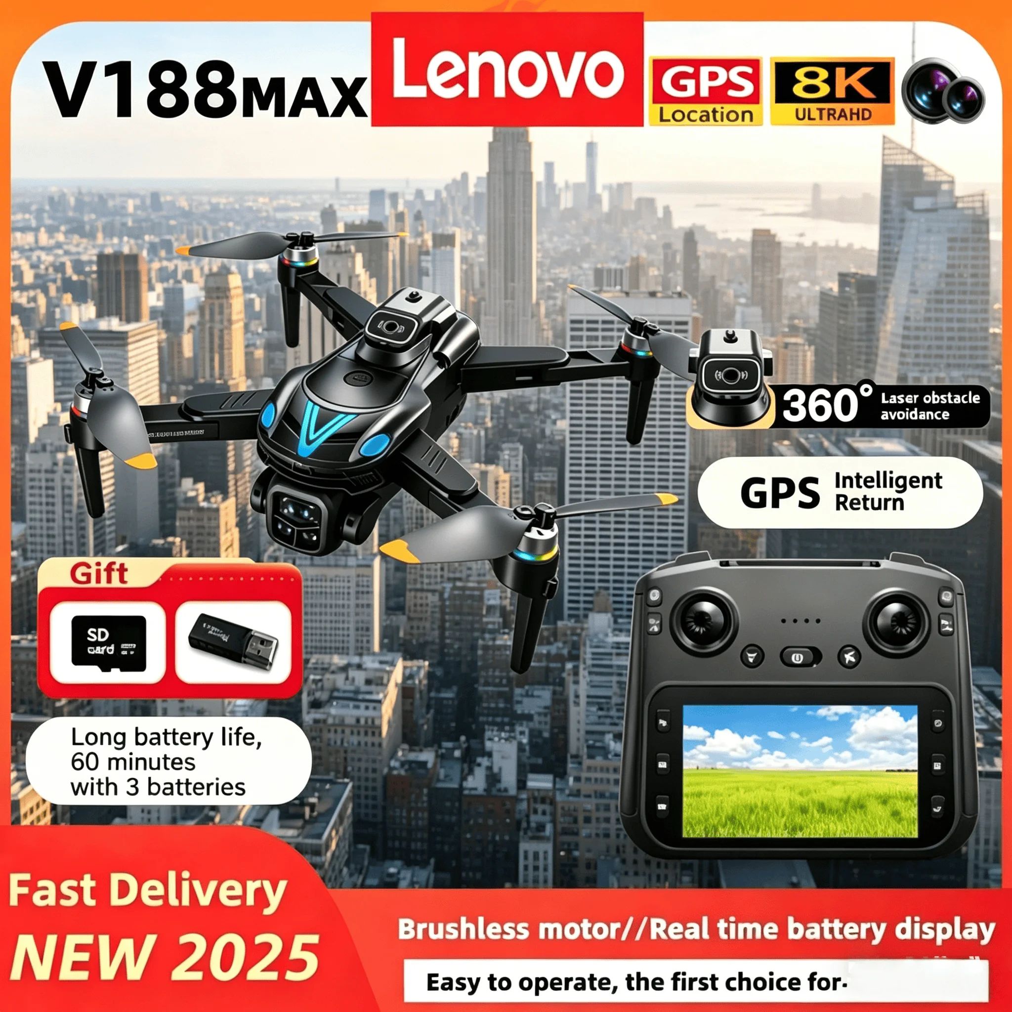 

Дрон Lenovo V188MAX GPS 8K с профессиональной аэрофотокамерой, FPV, обходом препятствий, пультом ДУ с экраном, складной