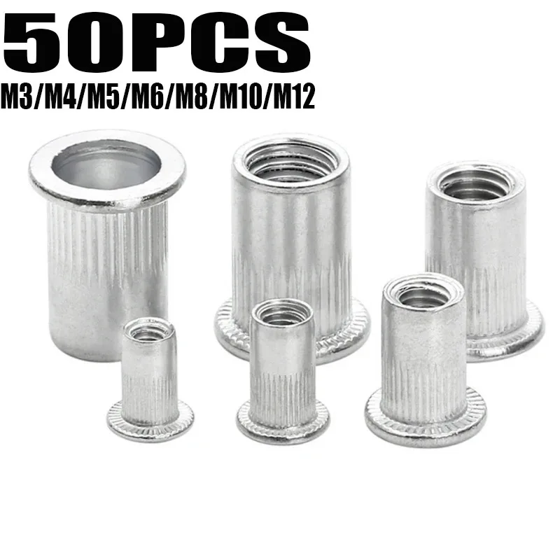 20/50/100Pcs Aluminum Alloy Rivet Nut M3 M4 M5 M6 M8 M10 M12 Flat Head Threaded Rivet Insert Nutsert Cap Rivet Nut Assortment