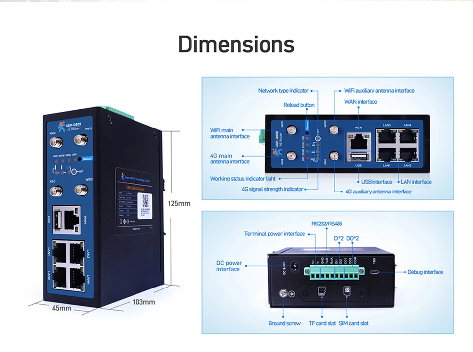USR-G809-EAU Industrial 4G LTE Cellular VPN Router with DI/DO Ethernet / Serial Port R232/RS485 W/ Plug Antenna