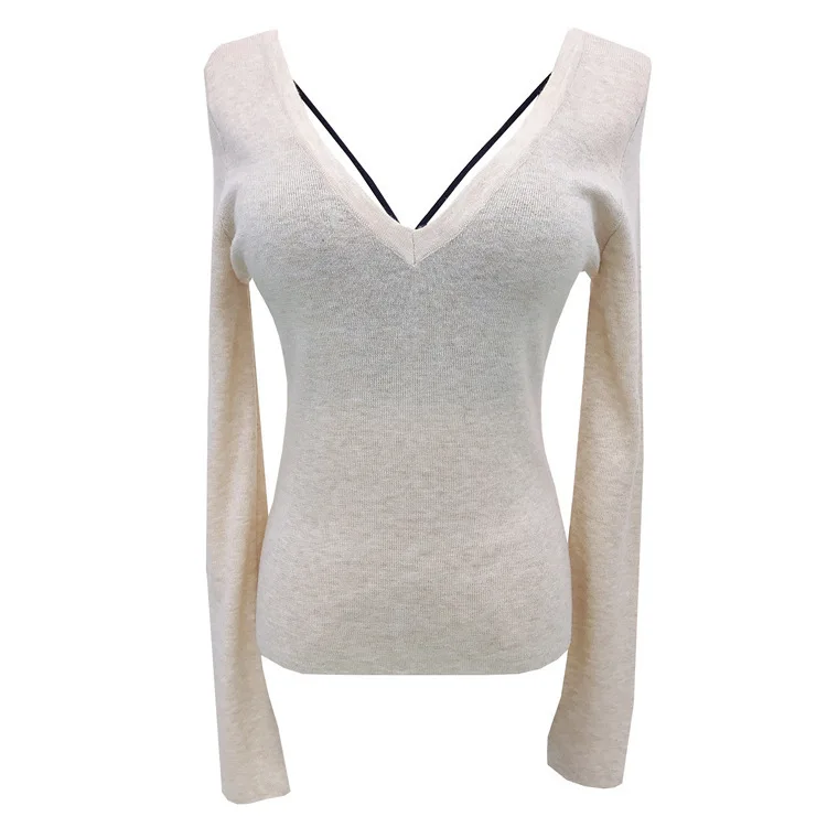 7162 Ballet elegante ~ otoño nuevo estilo de niña Pure Desire cuello en V profundo Top de punto ajustado de Cachemira suave