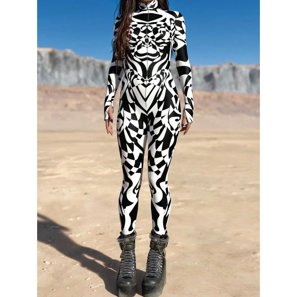 Black And White Pattern Zentai Suit Low Waist Short Pants Cotton Ladies Jumpsuit Halloween Cosplay Morphs