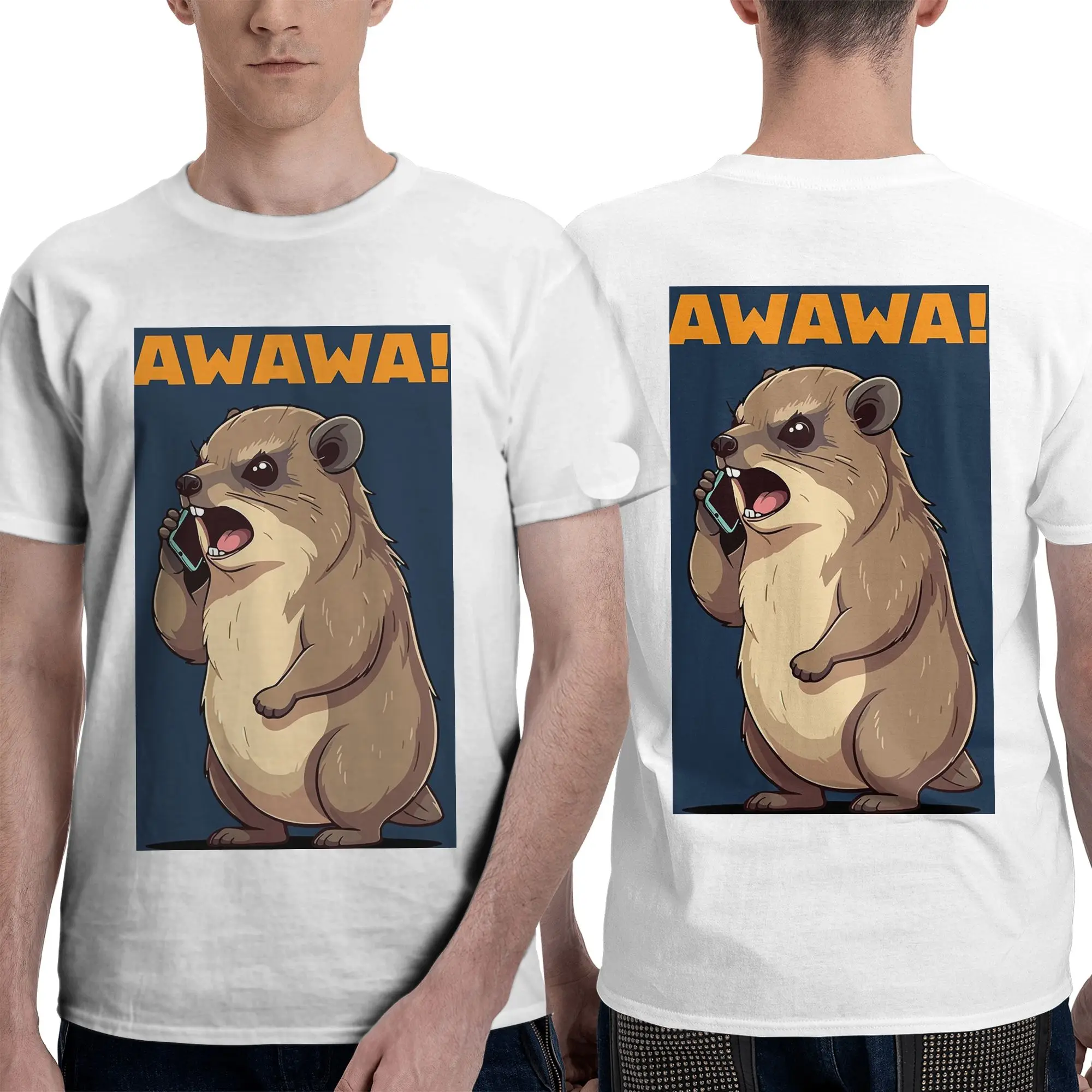 100% Cotton Rock Hyrax Awawa On Phone Groundhog Dassi T-Shirt Men's Double Sided T Shirt Men O-Neck Summer Shirts Tops Oversized