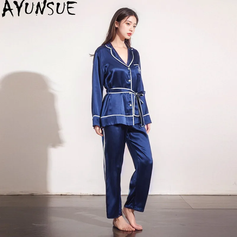 AYUNSUE 19MM 100% Real Mulberry Silk Pajama Set Women Clothes 2026 Summer Casual Pants Long Sleeve Tops Lace-up Pyjama Femme