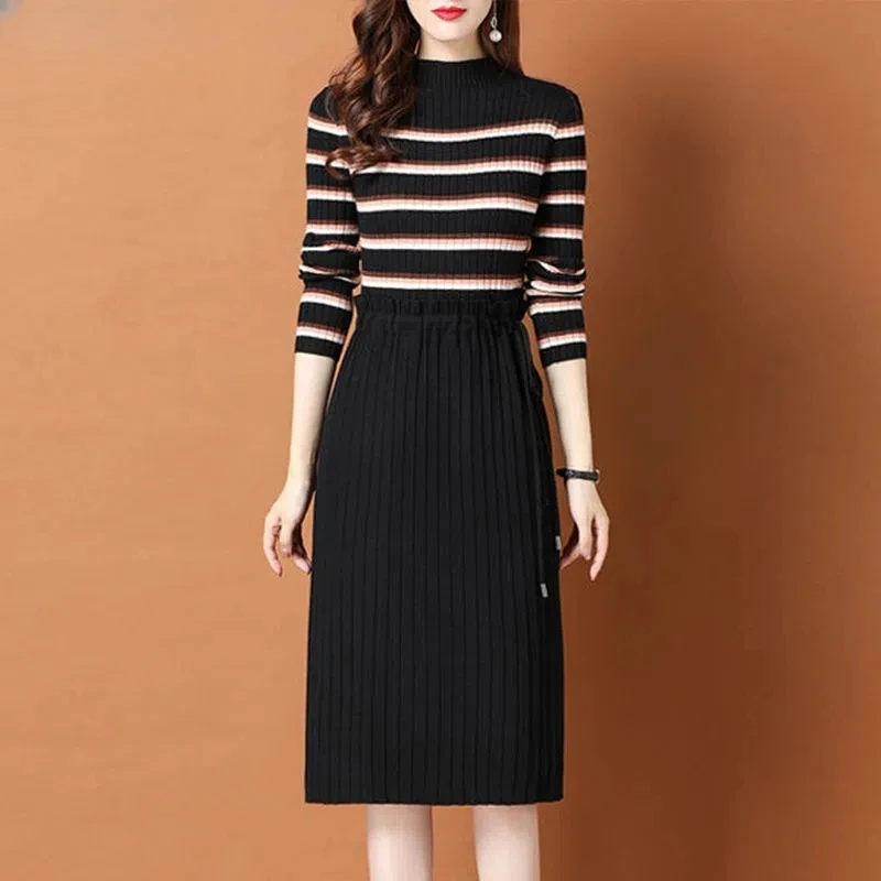 

Casual Half Turtleneck Sweater Dresses Striped Patchwork Knitted Dress Women Fall Winter Warm Vestidos Fake Two Piece F261