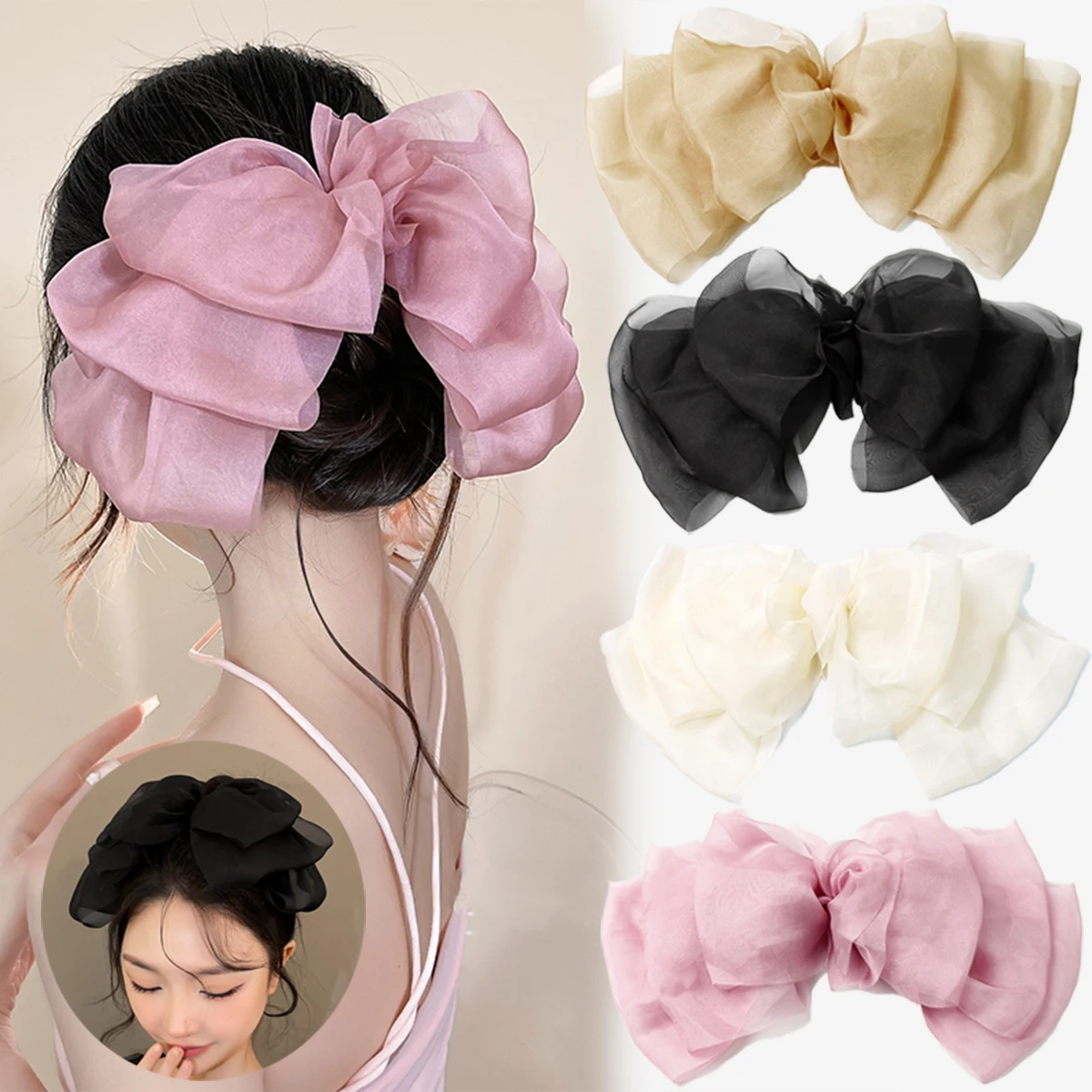 Bow Hairpin for Cute Satin Fabric Hair Clip Chiffon Ponytail Oversized Multilayer Hairpin Hair Accessories