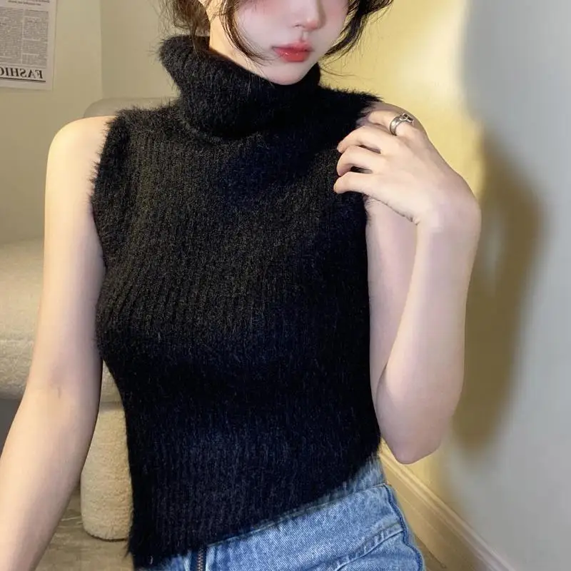 Turtleneck Knitted Tank Tops for Women Vintage Sexy Autumn Winter Sleeveless Cropped Blusa Korean Fashion Hot Female Inner Wear