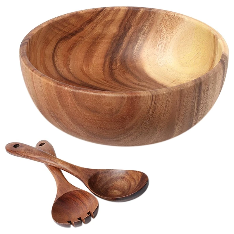 

2X Wooden Salad Bowl-Large 9.4 Inch Acacia Wood Salad Wooden Bowl With Spoon, Can Be Used For Fruit, Salad