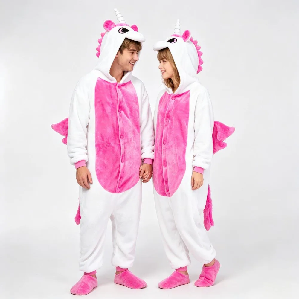 One Piece Hooded Unicorn Kigurumi Oneises Couples Pajamas Halloween Dinosaur Skull Cosplay Costumes Women Men's Party Jumpsuits