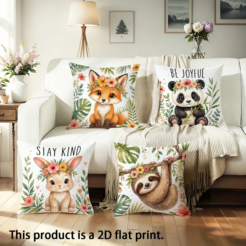 1pc Cute Forest Animal Floral Throw Pillow Covers, Watercolor Bunny Sloth Fox Panda Decorative Pillow Cases for Home