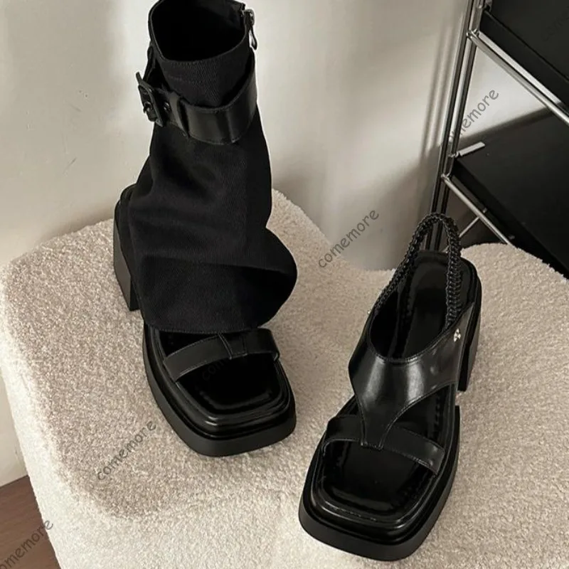 Size40 Women's Denim Foldover Platform Boot Sandals Open Toe Chunky Block Heel Shoes Buckle Strap Streetwear Style Woman Sandals view 5